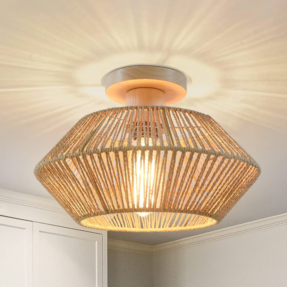 WBinDX Bohemian Woven Rattan Ceiling Light Fixture, Hand-Worked Cage Semi Flush Mount Boho Chande... | Amazon (US)