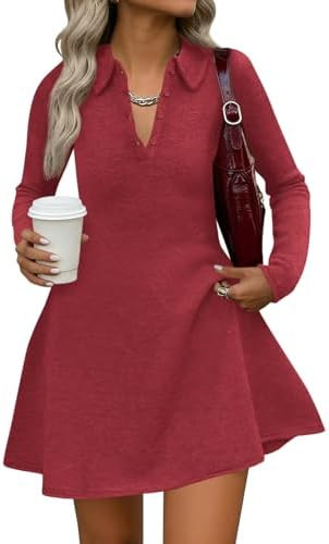 Saodimallsu Womens Sweater Dress 2025 Fall Polo Collared Long Sleeve Button V Neck A line Preppy ... | Amazon (US)