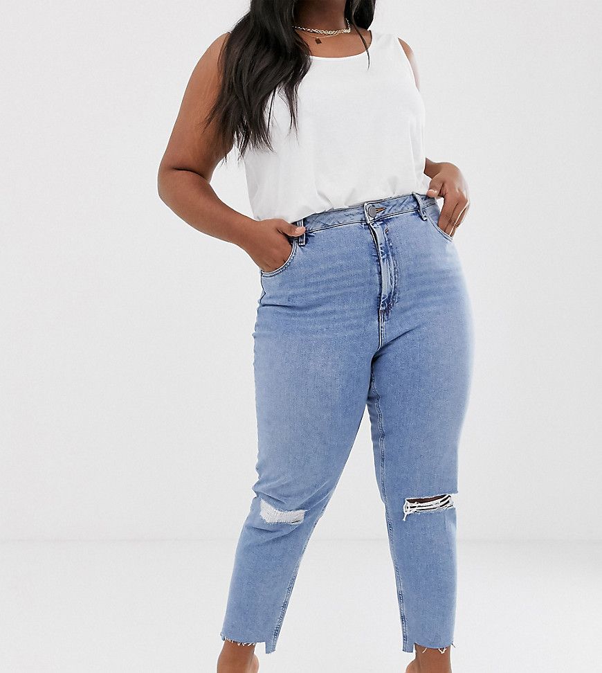 ASOS DESIGN Curve Farleigh high waisted slim mom jeans in light vintage wash with slashed rips & raw | ASOS (Global)