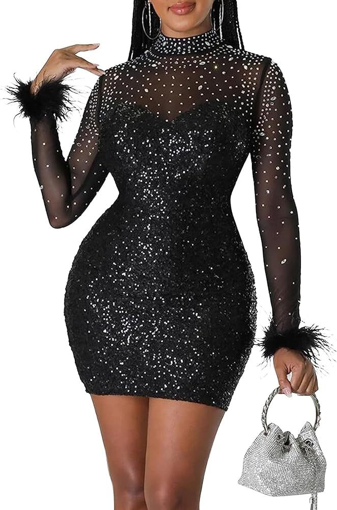 chicyes Womens Sparkly Sequin Rhinestone Bodycon Sexy Party Club Night Evening Cocktail Dresses | Amazon (US)