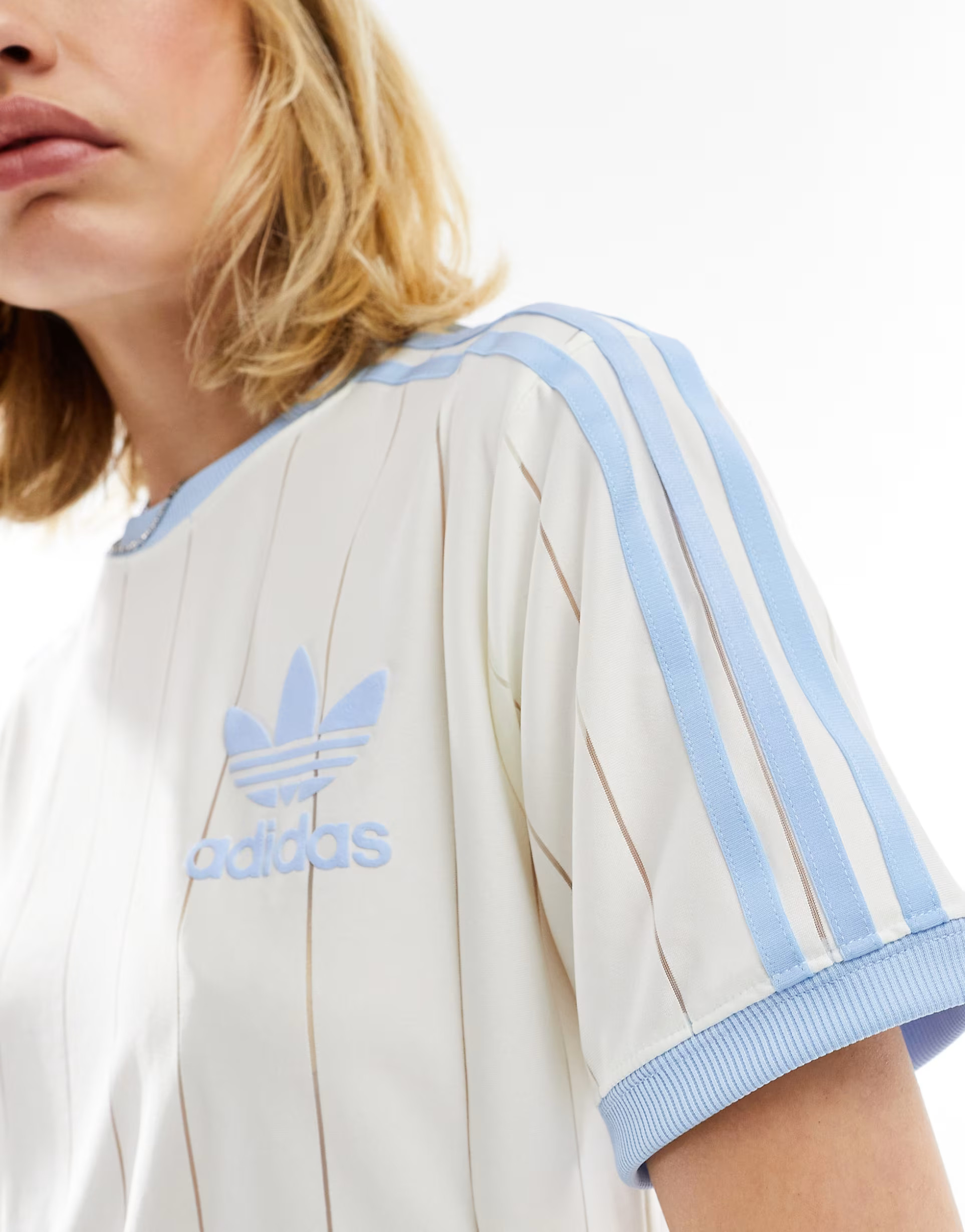 adidas Originals three stripe t-shirt in off white and blue | ASOS (Global)