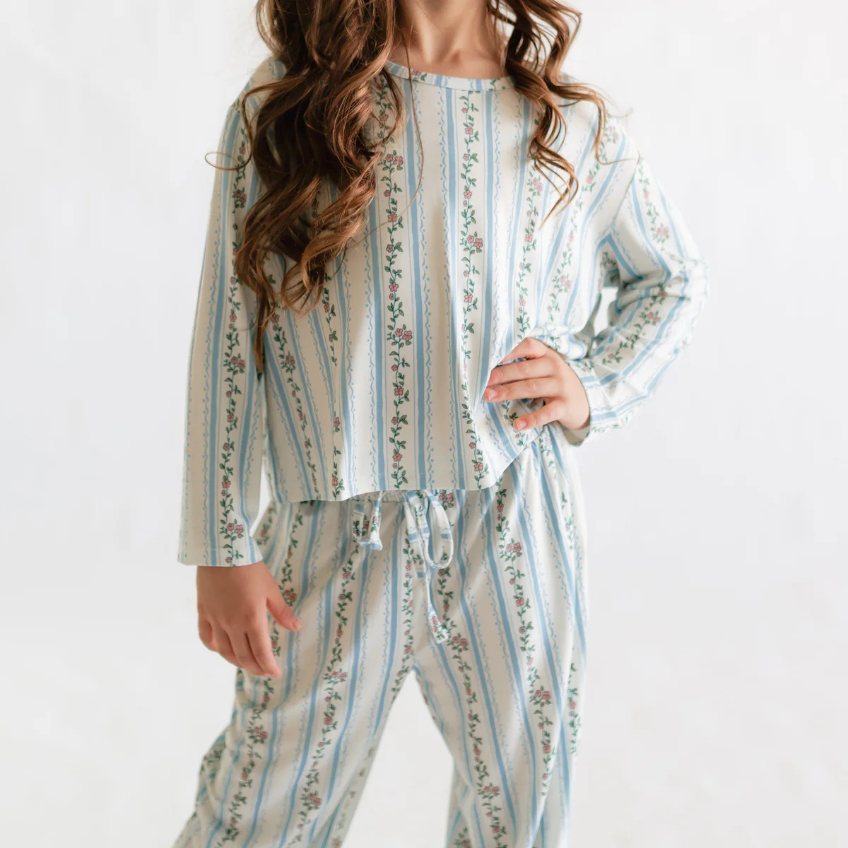 Girl's Long Sleeve and Pants Set in Blue Striped Floral | Silks Design