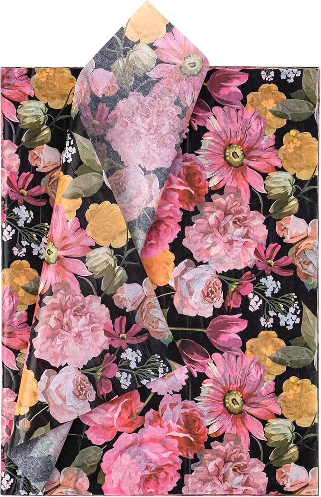 WRAPAHOLIC Floral Tissue Paper - 60 Sheets 14 x 20 Inch Black Colorful Flower Tissue Paper Bulk f... | Amazon (US)