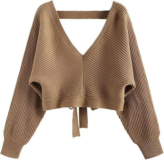 ZAFUL Women's V Neck Cropped Sweater Ribbed Knit Pullover Tops Sexy Drop Shoulder Jumpers | Amazon (US)