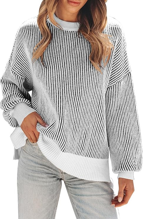 Womens Sweaters Fall 2024 Clothes Oversized Long Sleeve Colorblock Striped Knit Pullover Tops Cas... | Amazon (US)