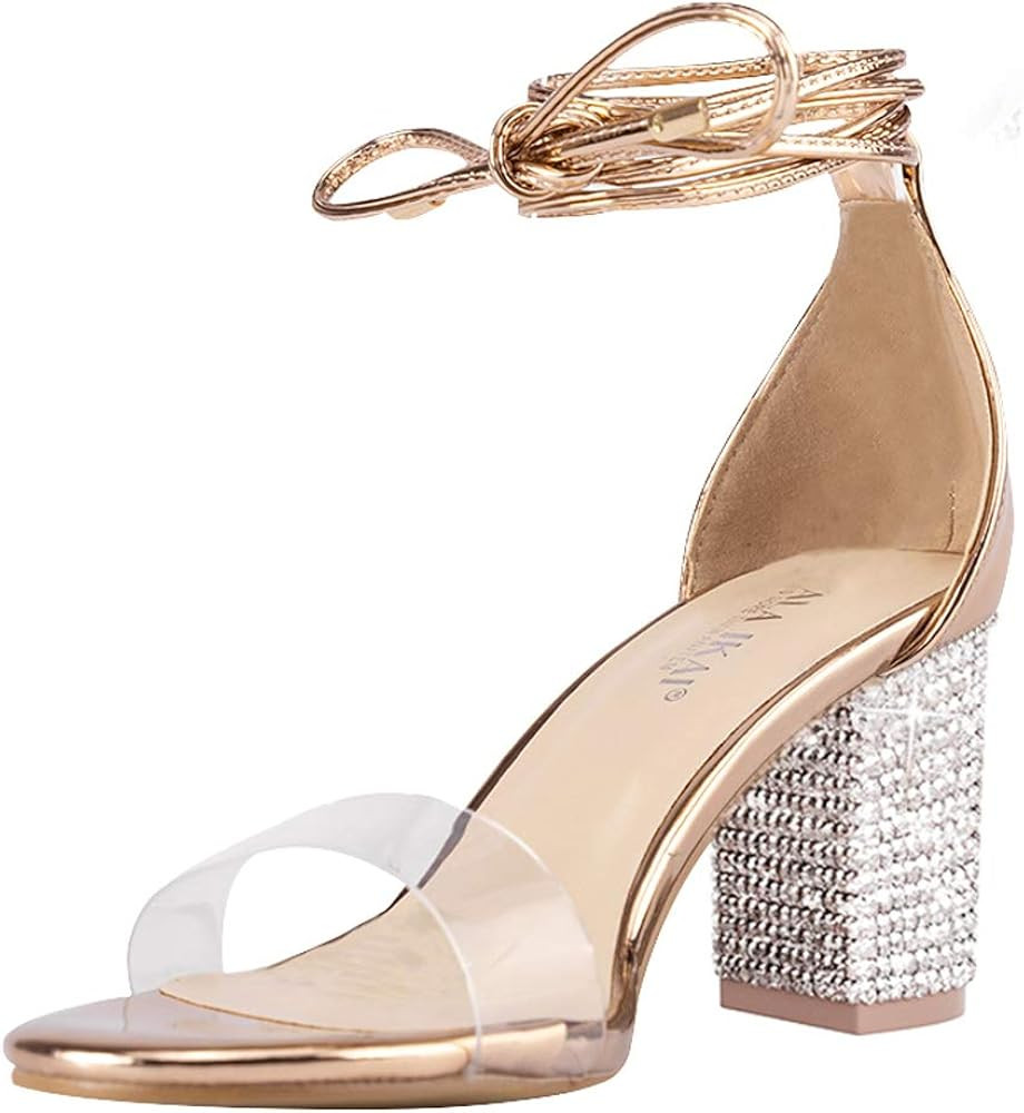 Women’s Gold High Heels Sandals with Rhinestone Ankle Strappy Clear Chunky Heels Dress Party Pu... | Amazon (US)