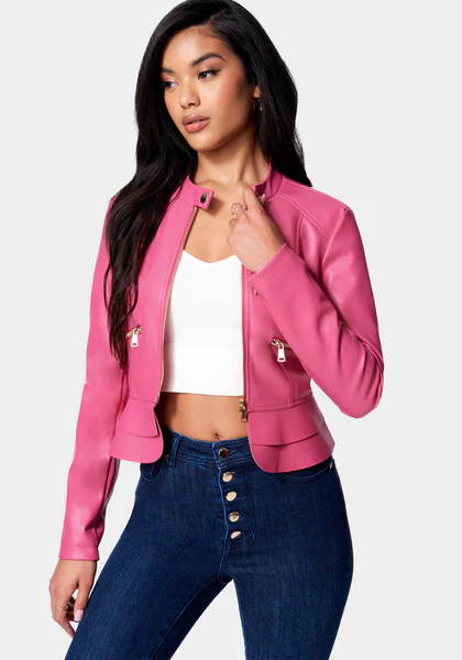 Vegan Leather Zip Front Ruffle Hem Jacket | Bebe