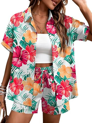 LOMON Women's 2 Piece Hawaiian Vacation Outfits Tropical Print Short Sleeve Shirts and Shorts Bea... | Amazon (US)