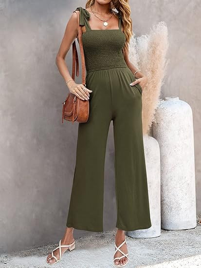 ZESICA Women's 2023 Summer Casual Spaghetti Strap Smocked High Waist Wide Leg Jumpsuit Romper | Amazon (US)