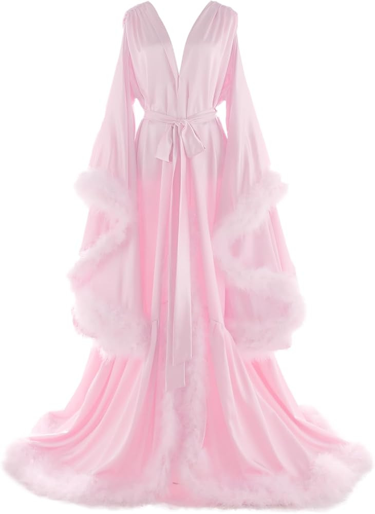 Women's Feather Bridal Robes Old Hollywood Maternity Photoshoot Nightgown Silk Bathrobe Long Ling... | Amazon (US)
