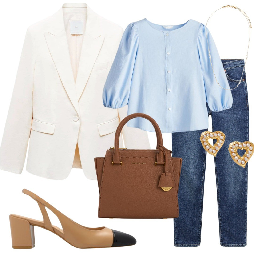White blazer, linen blazer, denim look, jeans styling, slingbacks, slingback pumps blue blouse, office look, elegant workwear 

#LTKstyletip #LTKfindsunder100 #LTKfindsunder50