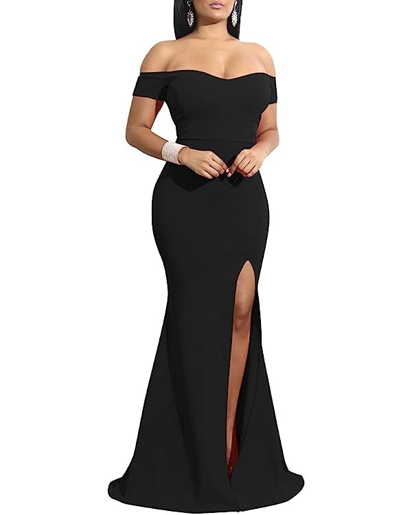 Amazon.com: YMDUCH Women's Off Shoulder High Split Long Formal Party Dress Evening Gown Black : C... | Amazon (US)