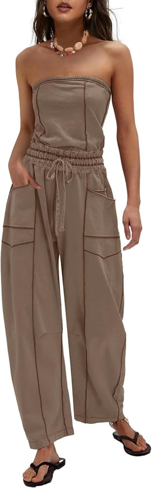 LAMISSCHE Womens Casual Strapless Jumpsuits off the Shoulder Summer Rompers Sleeveless One Piece ... | Amazon (US)