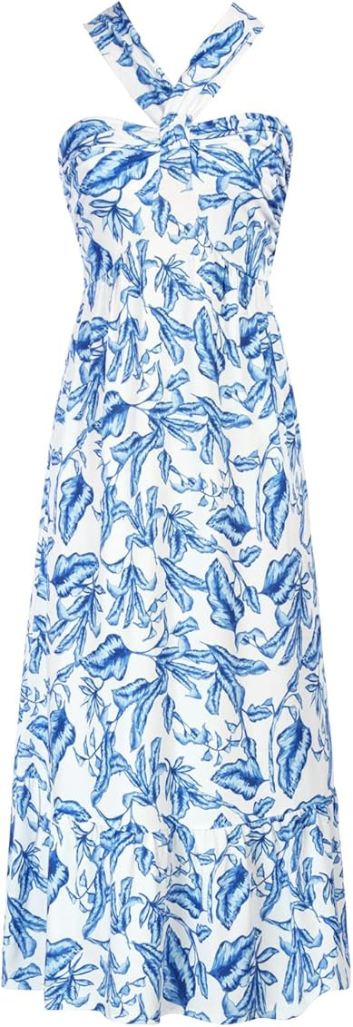 GRACE KARIN 2023 Women's Criss Cross Halter Neck Sleeveless Summer Floral Print Flowy A Line Maxi Dr | Amazon (US)