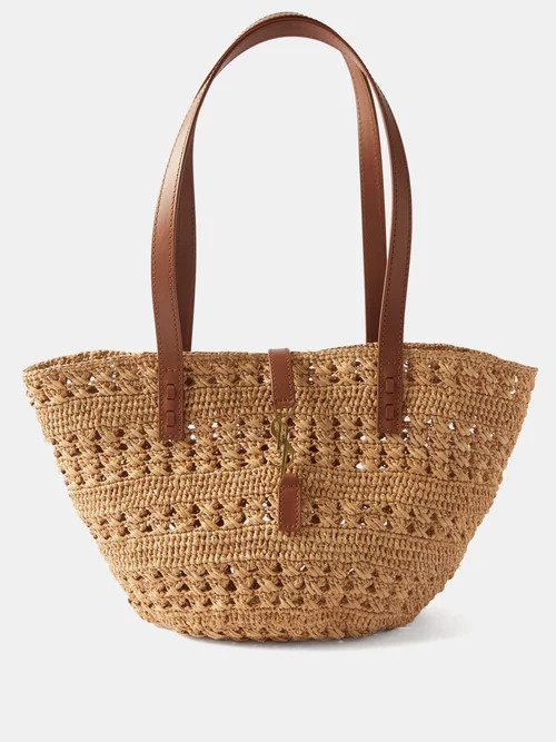 Saint Laurent - Panier Ysl Leather And Raffia-crochet Basket Bag - Womens - Tan | Matches (US)
