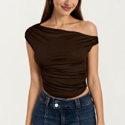 Anna-Kaci Women's One Shoulder Ruched Top with Asymmetrical Neckline and Soft Stretch Fabric - Small, Coffee | Target