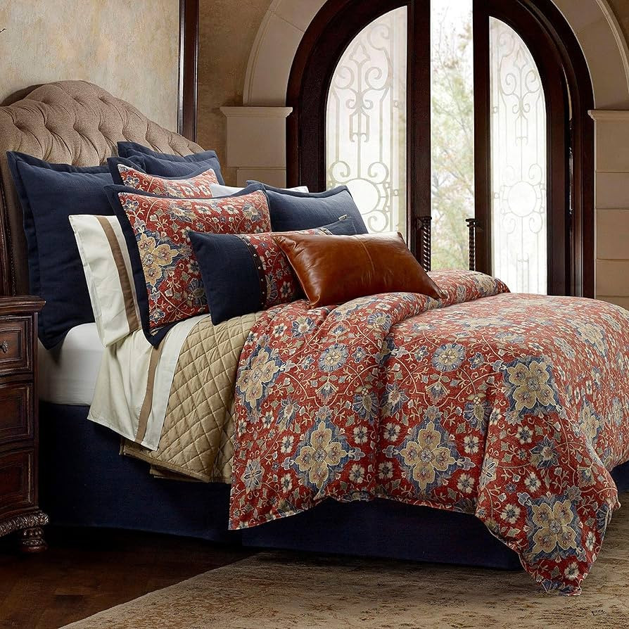 HiEnd Accents Washed Linen Melinda 3 Piece Floral Comforter Set, King Size, Red Navy Blue Medalli... | Amazon (US)