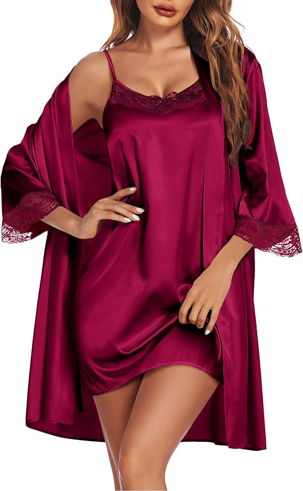 Ekouaer Sleepwear Women's Satin Nightgown with Robes Set 2 Piece Sexy Lace Cami Nightwear | Amazon (US)