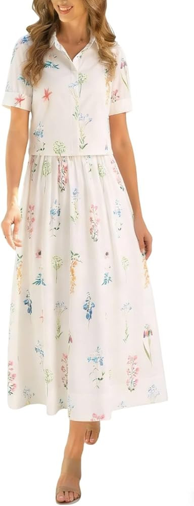 Tankaneo Womens Floral 2 Piece Skirt Set Summer Puff Sleeve Crop Blouse and Maxi Dress Outfits Ma... | Amazon (US)
