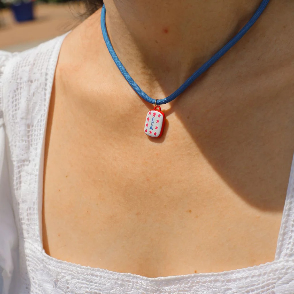 Sardine Hand Painted Enamel Charm Necklace | Nickel and Suede