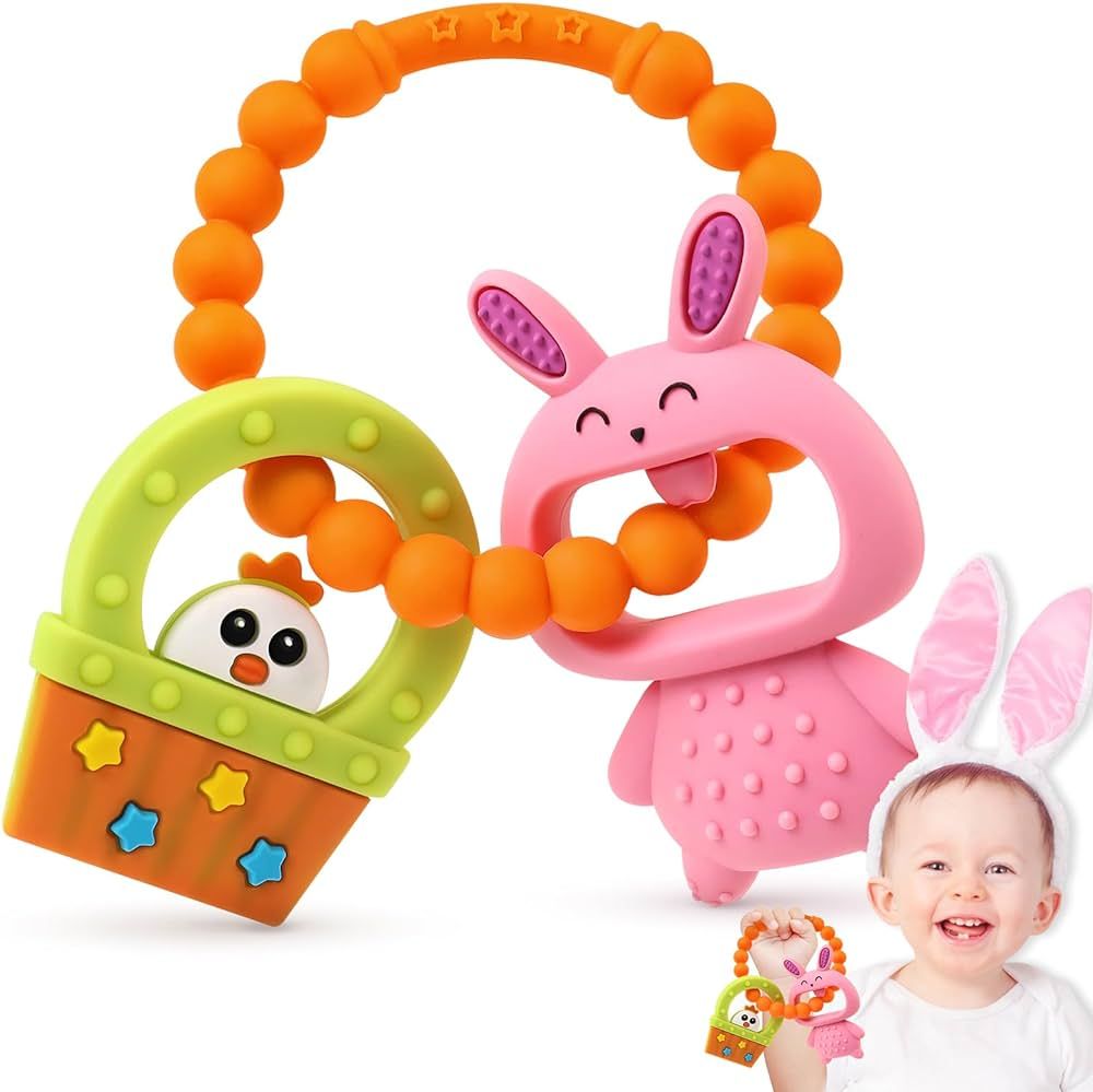 NPET Baby Easter Teething Toy, Cute Easter Basket Hen & Bunny Baby Teething Toy 3-12 Months Easy ... | Amazon (US)