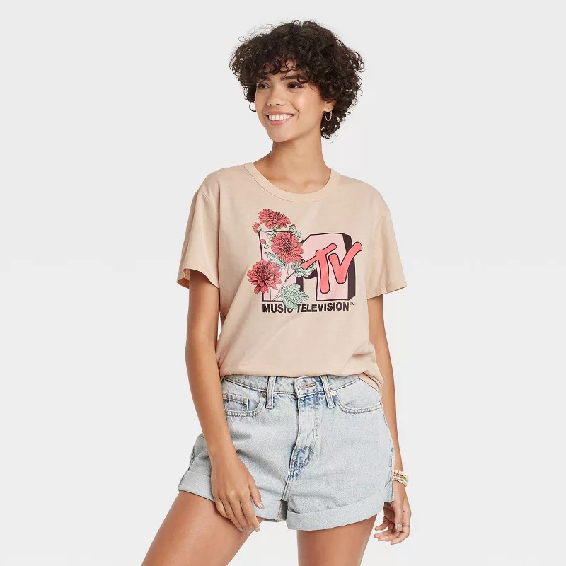 Women's MTV Floral Print Logo Short Sleeve Graphic T-Shirt | Target