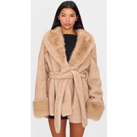 Mushroom Plush Faux Fur Self Tie Coat | PrettyLittleThing US