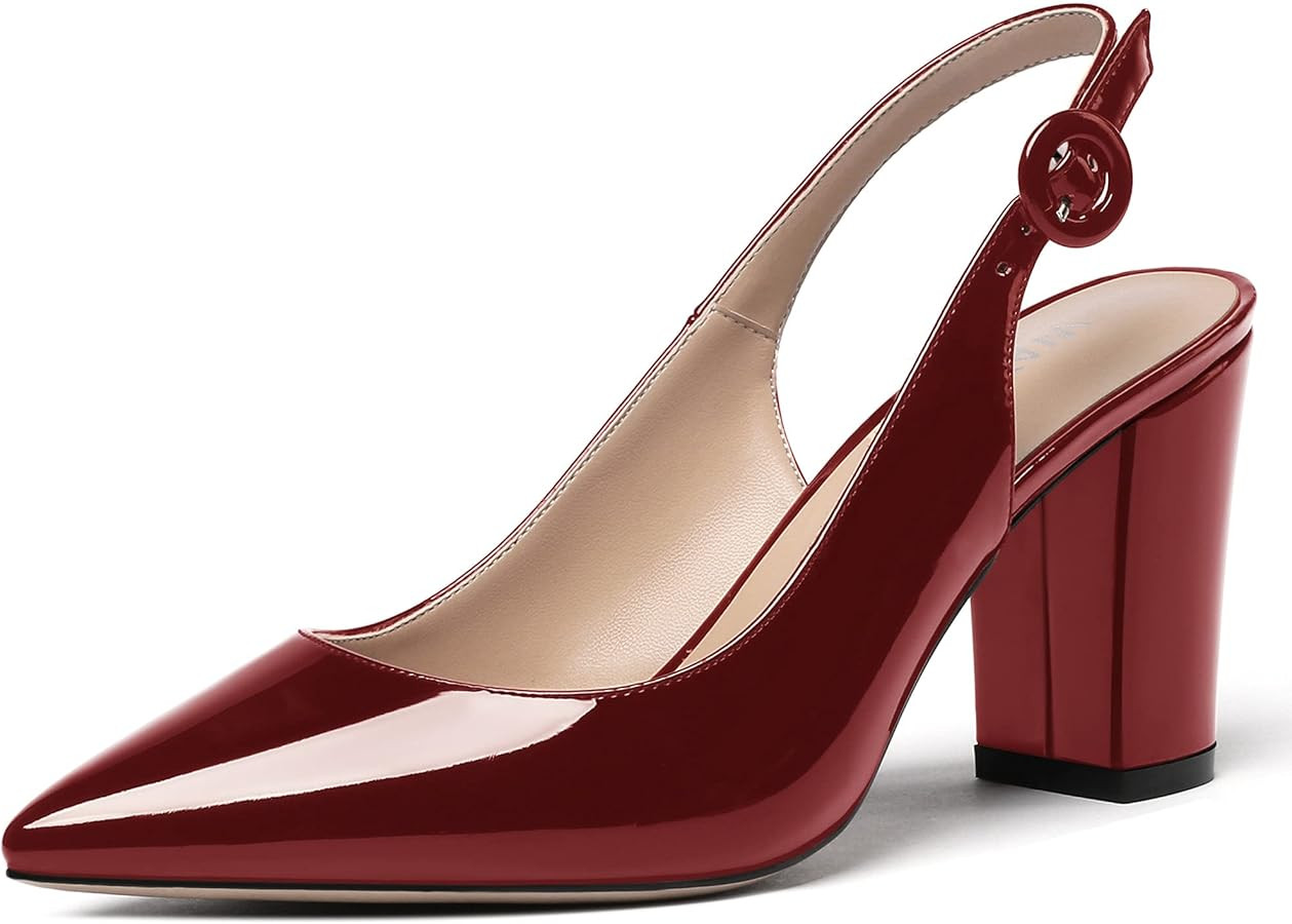 WAYDERNS Women's Thick Patent Solid Pointed Toe Slingback Buckle Ankle Strap Block High Heel Pump... | Amazon (US)