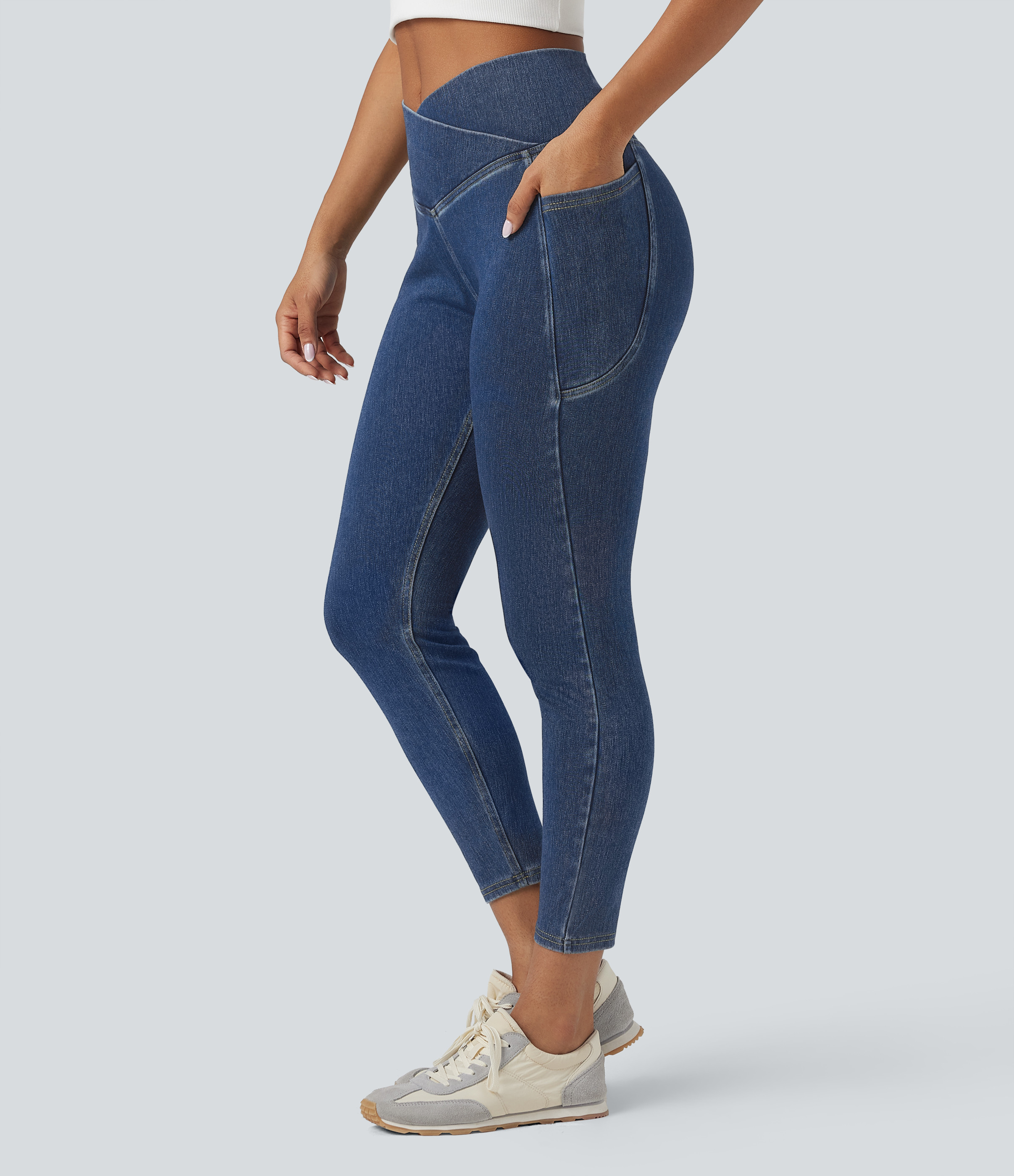 Halara Halara Flex™ Crossover Pocket Washed Denim Work Leggings - Tide Blue Denim - XL(7/8) | HALARA