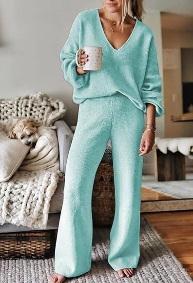 AOHITE Womens Knit Sweater Pajamas Set V-neck Pullover Tops Wide Leg Pants Sleepwear Loungewear Outf | Amazon (US)