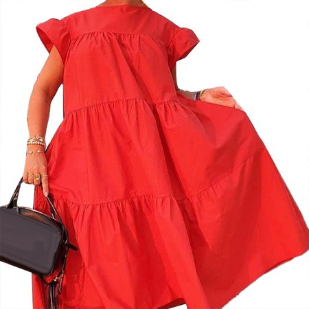 QCTime Women Casual Solid Color O Neck Ruffled Short Sleeve Large Hem A Line Midi Dress Red M | Walmart (US)