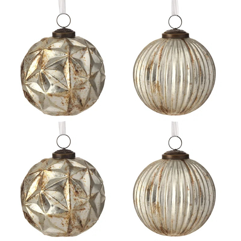 4" Ridged Glass Ball Ornament Set of 4 | Wayfair North America