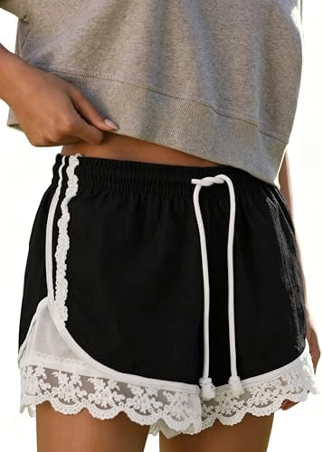 Womens Lace Trim Linen Shorts Drawstring Elasticated Summer Y2K Beach Bottoms Athletic Shorts | Amazon (US)
