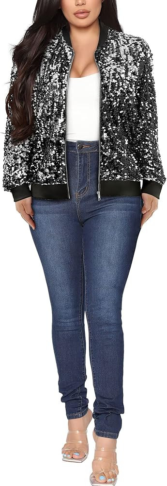 Womens Long Sleeve Sequin Open Front Zipper Jacket with Ribbed Cuffs | Amazon (US)