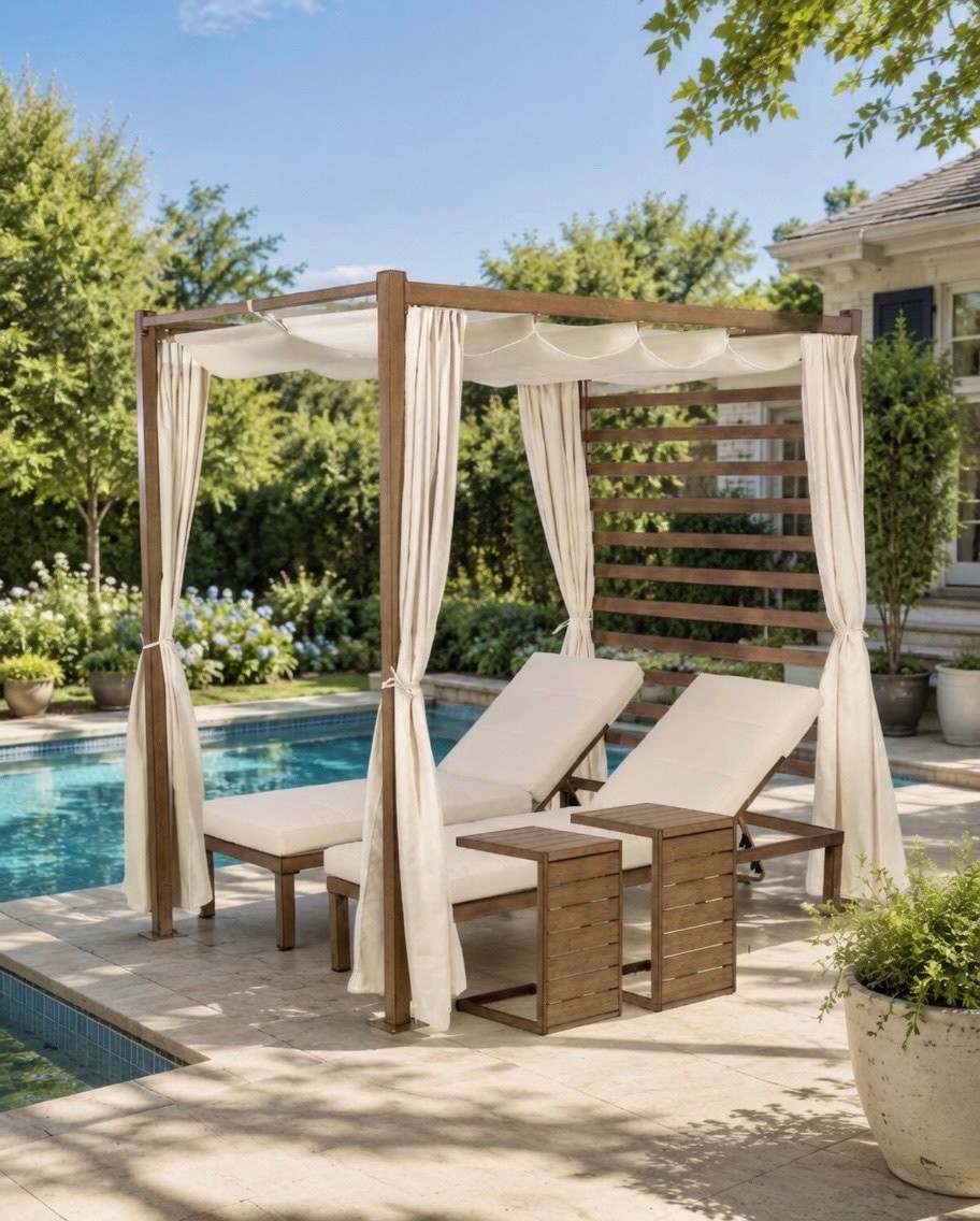 New pergola for outdoor living. Chaise lounge chairs and side tables that can also be used as benches. Summer living.

#LTKHome #LTKSaleAlert