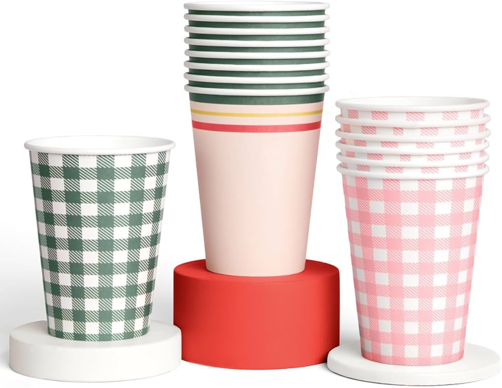 xo, Fetti Gingham Camp Paper Cups - 12 oz, 24 pcs | Green Picnic Drinkware, Pink Dinner Party Set... | Amazon (US)