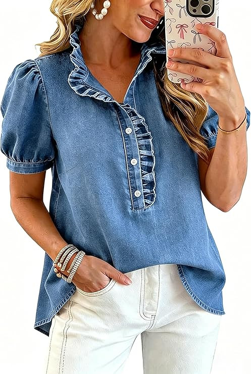 Denim Shirt Women Y2k Ruffle Denim Top Button Down Jean Shirt 2026 Summer Puff Short Sleeve Blous... | Amazon (US)