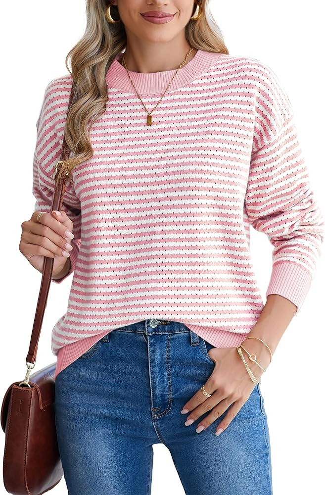Famulily Womens Striped Color Block Hollow Out Knitted Sweater Long Sleeve Crew Neck Pullover Top... | Amazon (US)