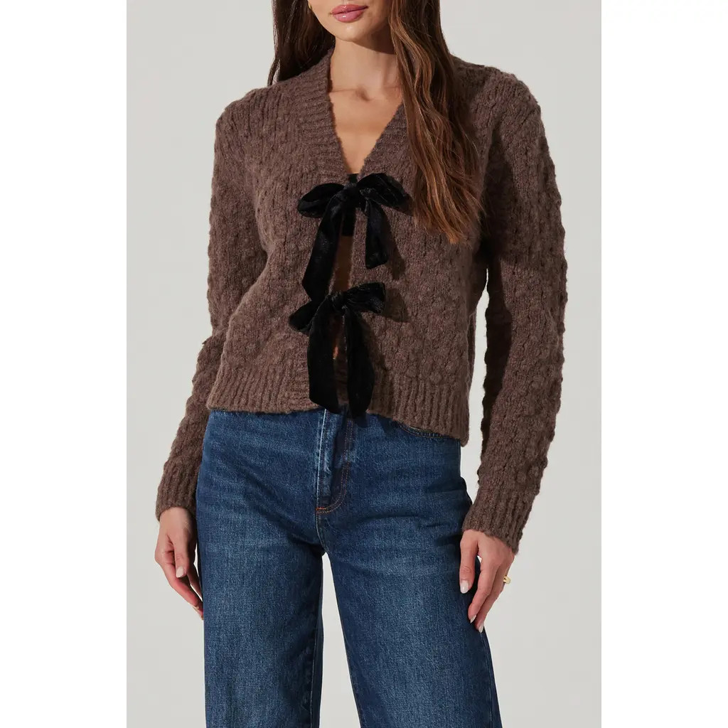 ASTR the Label Velvet Bow Cardigan in Brown at Nordstrom Rack, Size Medium | Nordstrom Rack