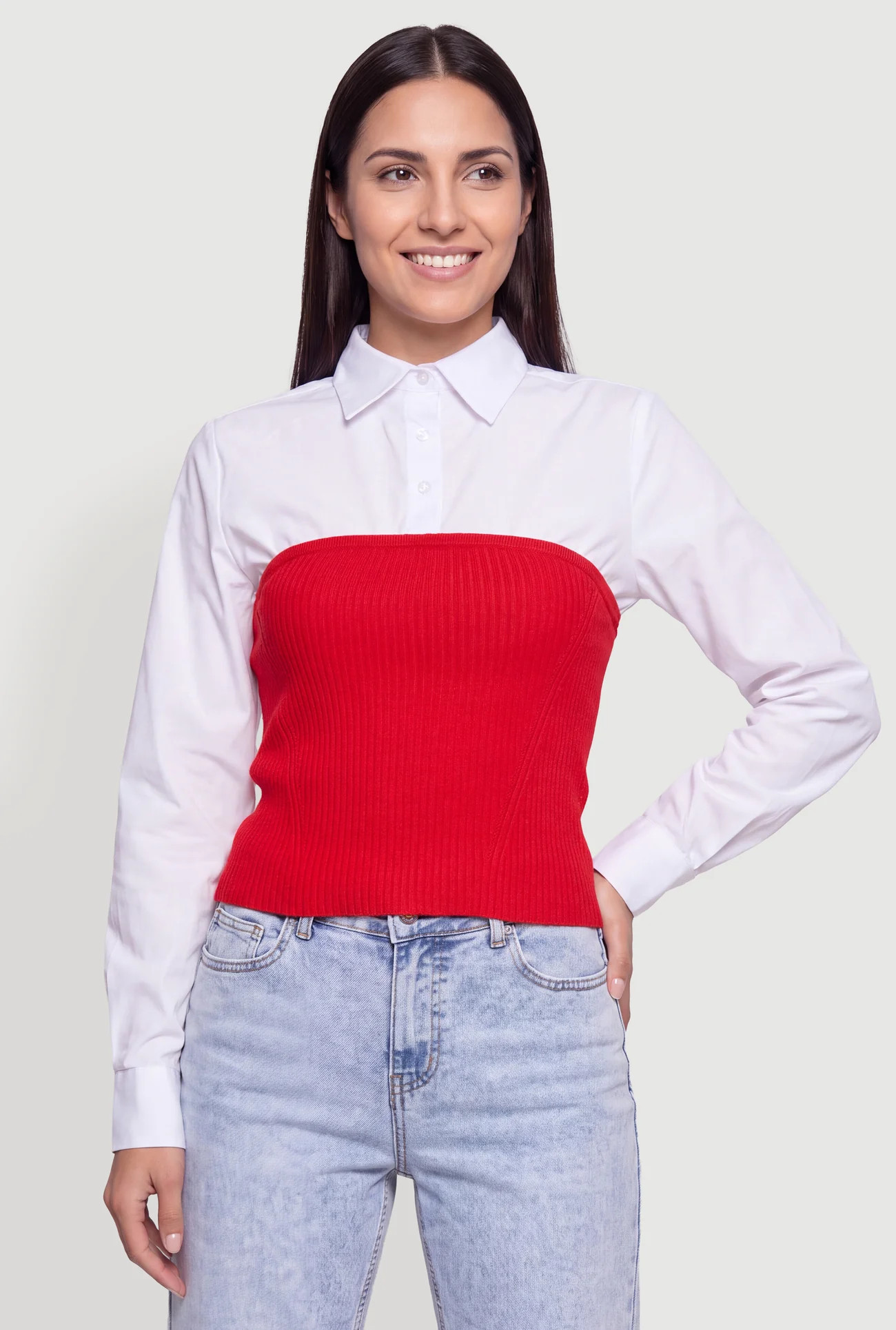 Ribbed Knit Corset Layered Look Shirt | Rainbow Shops