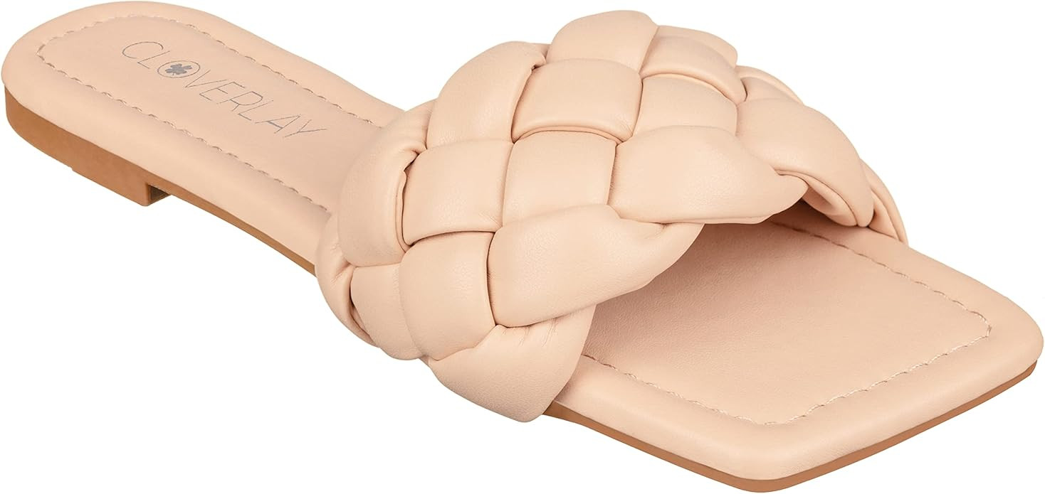 CLOVERLAY Yara Women's Square Open Toe Slides Braided Woven Single Band Slip on Flat Sandals | Amazon (US)