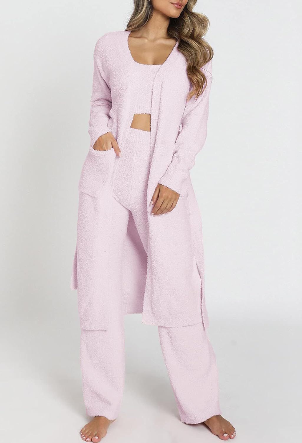 Fixmatti Women's Fuzzy 3 Piece Sweatsuit Open Front Cardigan Crop Tank Tops Wide Legs Pants Loung... | Amazon (US)