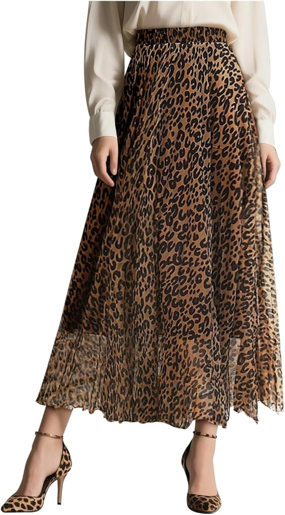 L'VOW Leopard Maxi Skirt - Women's High-Waist Cheetah Skirts Pleated Casual Animal Print Dress | Amazon (US)