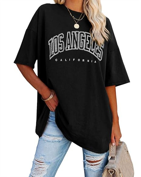 Fazortev Womens Oversized Los Angeles California Graphic T Shirts Half Sleeve Summer Loose Casual... | Amazon (CA)