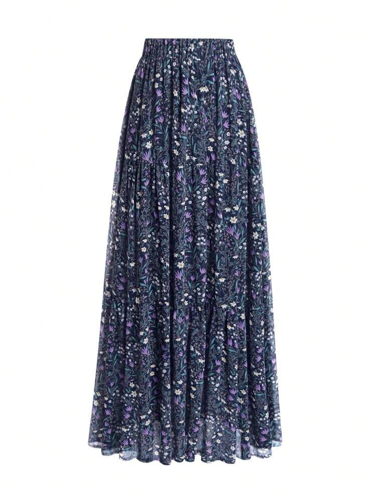 EARO Women's Navy Blue Ditsy Floral A-Line Skirt, High Waist Casual Loose Vacation Elegant Design... | SHEIN
