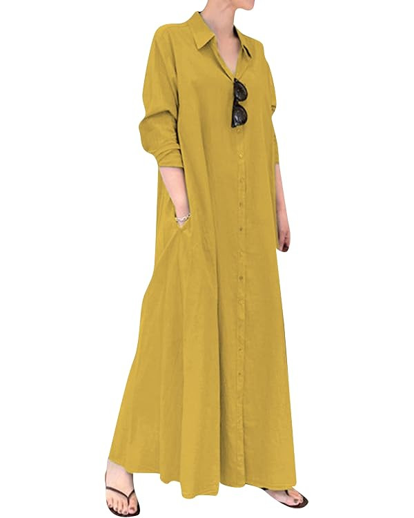 Women's Summer V Neck Long Dress Long Sleeve Solid Casual Maxi Dress Trendy Shirt Dress with Pock... | Amazon (US)