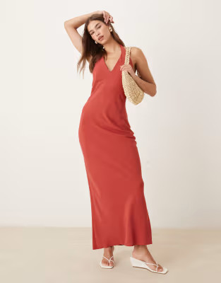 ASOS DESIGN linen blend halter maxi dress in brick red | ASOS | ASOS (Global)