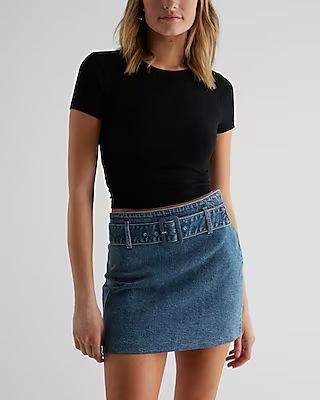 High Waisted Medium Wash Belted Mini Denim Skirt | Express