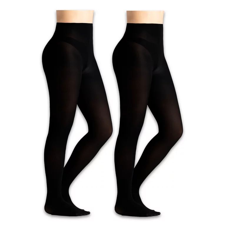 On The Go Women's Control Top Black Opaque Footed Tights, 2 Pack - Walmart.com | Walmart (US)