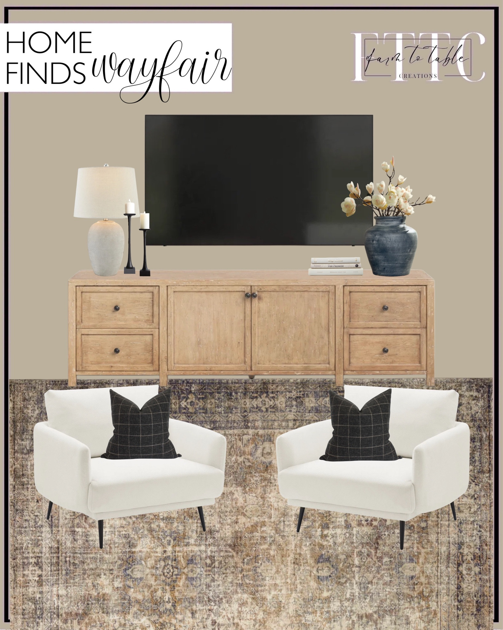 Wayfair Home Finds. Follow @farmtotablecreations on Instagram for more inspiration.

TV Stand. Keron Table Vase. Magnolia Floral Arrangement. Amber Lewis x Loloi Morgan Sunset / Ink Area Rug. Karaka 37.5'' Wide Oversized Armchair accent chair. Decorative books. Textured Pillow cover. Ginny Aluminum Candlestick. Tenor Ceramic Table Lamp  

Living Room | Dining Room | Dining Room Artwork | Bathroom Finds | Bedroom Finds | Bedroom Furniture | nightstands | Home Decor| Fireplace Decor | Spring Refresh |  Bedroom Finds | Neutral Stems | Spring Stems | Bookshelf Decor | Bedroom Space | Cozy Corner | Bathroom | Curated Entryway | Spring  Decor | End of Year Clearance | Trending Decor | Viral Decor | Amazon Holiday | Bedroom corner | Coffee Table Decor | Neutral Decor | Fall Stem Sale | Target Finds | Skinny Bench | Bedroom | Living Room | Breakfast Nook | Amazon Home | Target Sale | Loloi Rugs | Magnolia Home | console table | console table styling | faux stems | entryway space | front porch decor | neutral decor | entryway decor | cozy home | affordable decor |  home decor | home inspiration | console styling | entryway rug | cozy moody home | moody home decor | neutral home | bathroom decor | living room | spring decor | Hearth & Hand | Studio McGee | 2025 Home Trends | trending home 




#LTKHome #LTKFindsUnder50 #LTKSaleAlert